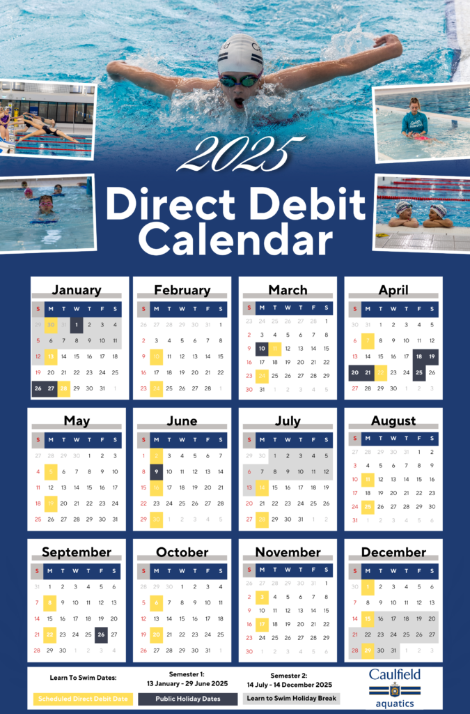 Caulfield Aquatics 2025 Direct Debit Calendar